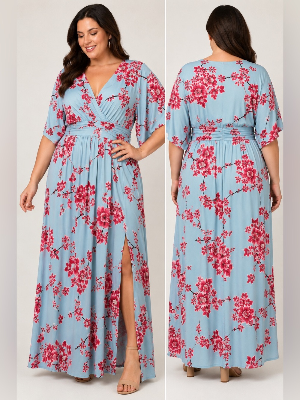 Kiyonna 2X Blue Red Floral Faux Wrap Maxi Dress Made in USA Plus Size